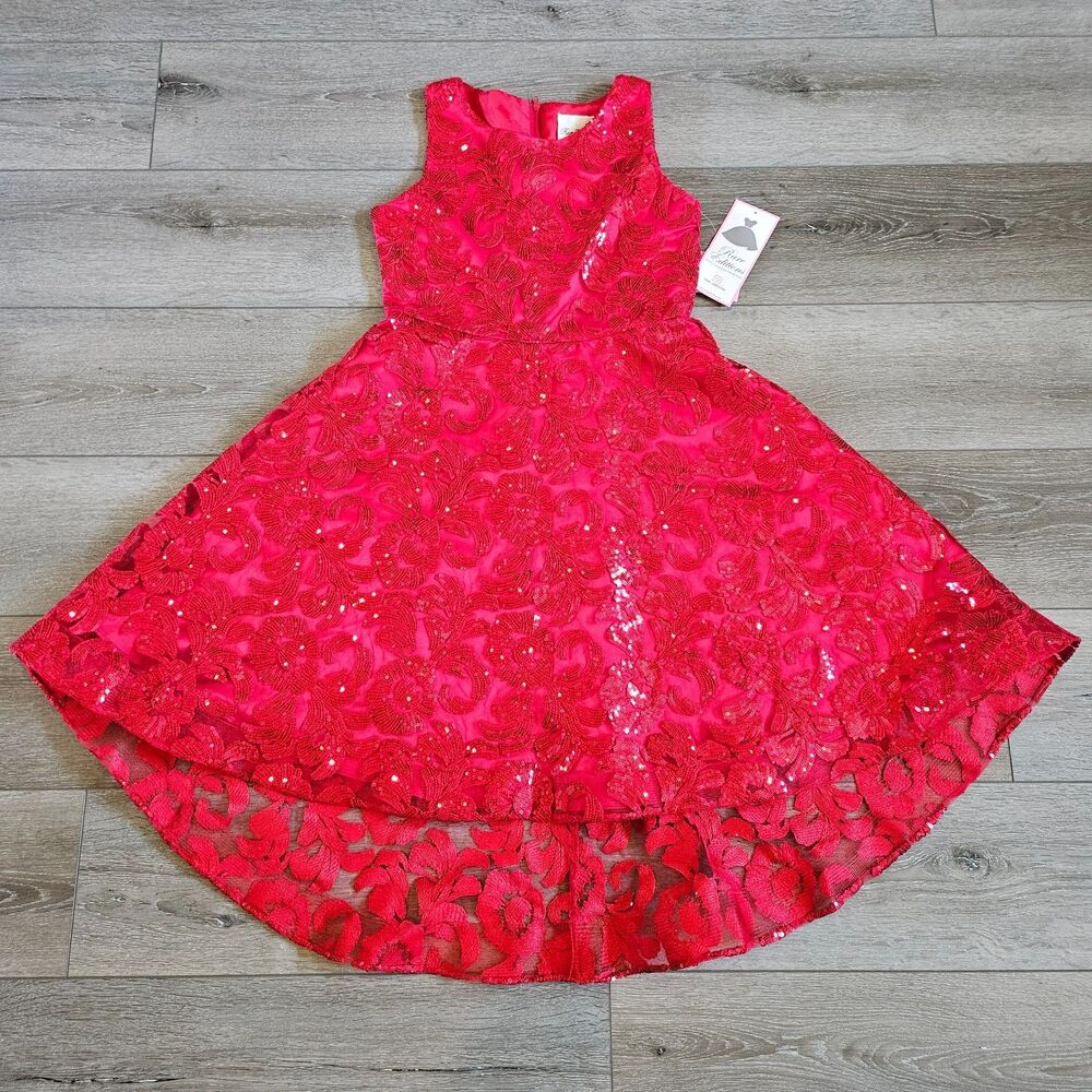 Rare Editions Girls 14 Hi-Low Tulle Sequins Dress Red Floral Party Holiday NWT